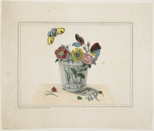 Flowers in a Glass, with Butterfly by American School