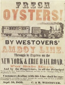 Fresh Oysters! By Westovers Amboy Line, Through by Express on the New York & Erie Railroad by American School