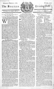 Front page of the Boston Evening Post announcing the death of King George II (1683-1760), 5th January, 1761 by American School