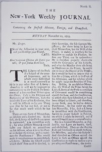 Front Page of the New-York Weekly Journal Discussing Freedom of Press by American School