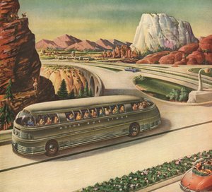 Futuristic Passenger Bus Travelling on a Highway in the American Southwest