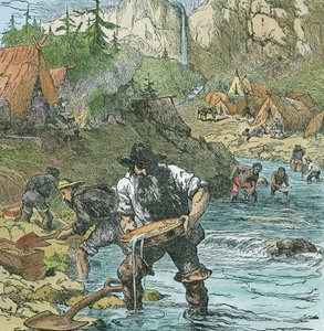 Gold Washing in California, from a book published in 1896 (hand coloured engraving)