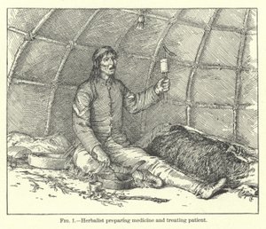 Herbalist Preparing Medicine and Treating Patient by American School