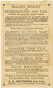 Hills Hair & Whisker Dye, Best Ever Invented, C.N. Crittenton, Proprietor, New York, Trade card, verso by American School