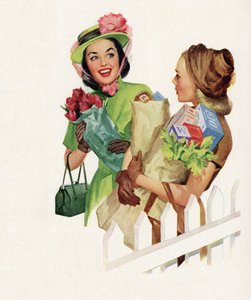 Homemakers Chatting After Returning from Shopping by American School