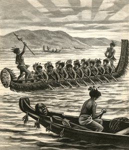 Illustration of Maori Warriors in Canoes by American School