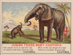 Jumbo feeds baby Castoria, advertisement for Fletcher