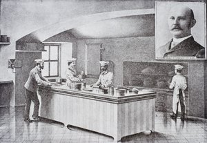 Kitchen of The White House in the 1890s, with inset portrait of Hugo Ziemann by American School