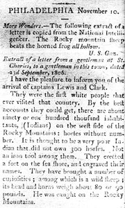 Letter announcing the arrival of captains Lewis and Clark, from The Boston Intelligencer, 19th November 1806 by American School