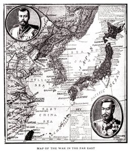 Map of eastern Russia, Korea and Japan during the Japanese Russo conflict. In medallion, Tsar Nicholas II of Russia and Emperor Meiji of Japan. Illustration, in Russia and Japan and a complete history of the war in the by American School
