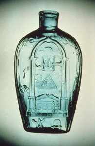 Mould-blown masonic flask, Keene (Marlboro St.) Glassworks by American School
