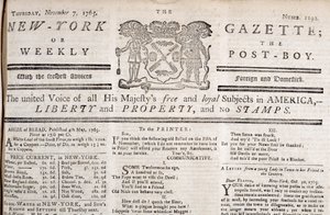 New York Gazette masthead declaring its opposition to the stamps, printed 7th November 1765 by American School