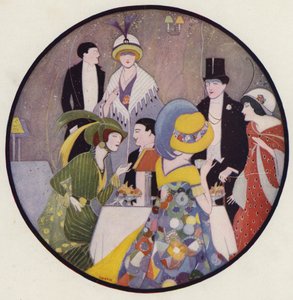 People Socialising After a Play, a Scene from the Short Story, After The Play, by J A Waldron (colour litho) by American School
