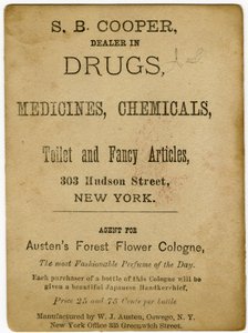 Perfumed with Austens Forest Flower Cologne; S.B, Cooper, Dealer in Drugs? [trade card verso] by American School