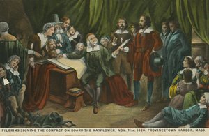Pilgrims Signing the Compact on Board the Mayflower, Princetown Harbour, Massachusetts by American School