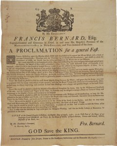Proclamation in the name of Francis Bernard, Governor of Massachusetts Bay: announcing a day of fasting during French & Indian War, 8th April, 1761