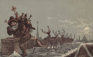Santa and Reindeers Delivering Presents by American School