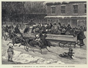 Sleighing on Broadway in 1860, showing a Public Conveyance on Runners
