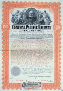 Specimen bond certificate for 1000 dollars for the Central Pacific Railway Company, 1899