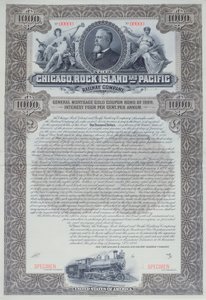 Specimen bond certificate for 1000 dollars for the Chicago, Rock Island and Pacific Railway Company, 1898 by American School