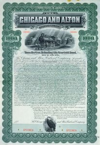 Specimen bond certificate for 1000 dollars for the Chicago and Alton Railroad Company, 1899