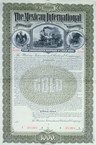 Specimen bond certificate for 1000 dollars for the Mexican International Railroad Company, 1897
