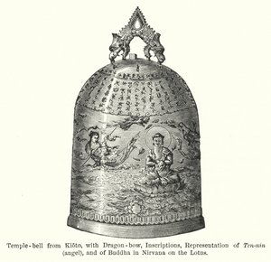 Temple-bell from Kioto, with Dragon-bow, Inscriptions, Representation of Ten-nin, angel, and of Buddha in Nirvana on the Lotus by American School