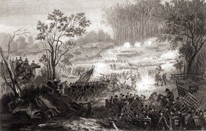 The Battle at Pittsburg Landing, Engraved by H. B. Hall, 1862