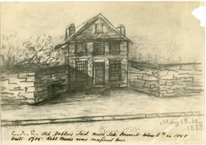 The Old Debtors Jail, Side of Prune St. below 6th, illustration from the Castner Scrapbook, 1858