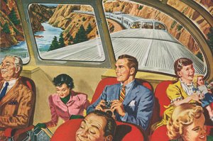 Travellers Enjoying a Futuristic Train Trip