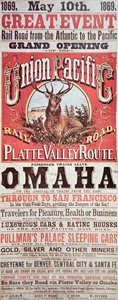 Union Pacific Railroad poster advertising the first transcontinental railroad across the USA