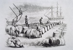 Whalers gauging oil in barrels, from The American Whale Fishery, c.1850 by American School