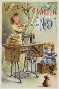 Woman Holding Parrot Next to Sewing Machine by American School