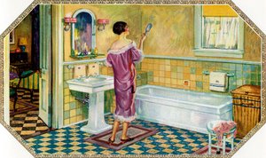 Woman Standing in an Art Deco Bathroom by American School