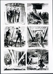 Work inside the caissons, constructing Brooklyn Bridge, New York