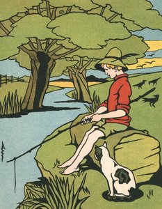 Young Boy Fishing in a River with His Cat