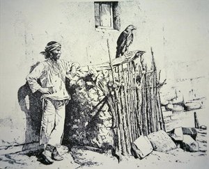 Zuni tribesman with an eagle cage by American School