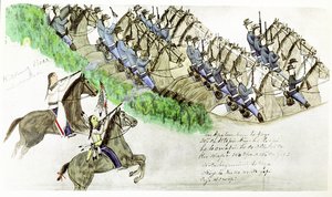 Beginning of the Battle of Little Big Horn River, Montana, 25 June 1876. Plains Indians and U.S. Cavalry. From painting by Sioux Indian Amos Bad Heart Buffalo.