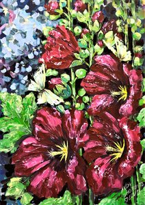 Red Hollyhock Butterflies by Anda Bieza