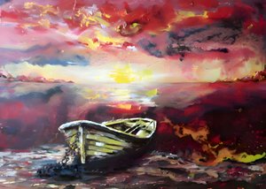 Vibrant Sunset Rowboat