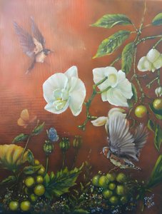 White Orchids and Birds by Anda Bieza