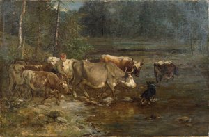 Dairymaid and Cows at the Water Post by Anders Askevold