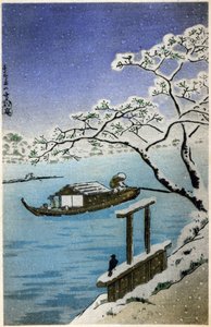 Geography. Japan. River in Winter. Woodcut by Hiroshige in: Fifty Three Stations of the Tokaido (1833-1834). Postcard, Japan, c.1900 by Ando or Utagawa (after) Hiroshige