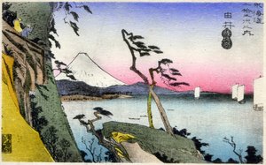 Yui, view of Fuji, snow covered, from Satta-toge, overlooking Saruga Bay. (17th station). Woodcut by Hiroshige in: Fifty Three Stations of the Tokaido (1833-1834). Postcard, Japan, c.1900 by Ando or Utagawa (after) Hiroshige