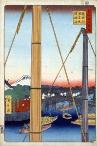 One Hundred Famous Views of Edo: The Harbor Shrine and Inari Bridge at Teppozu by Ando or Utagawa Hiroshige