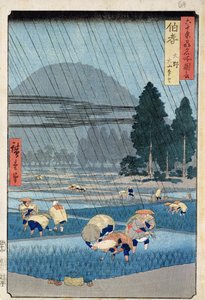 Rice Planting in Hoki Province with a Distant View of O-Yama by Ando or Utagawa Hiroshige