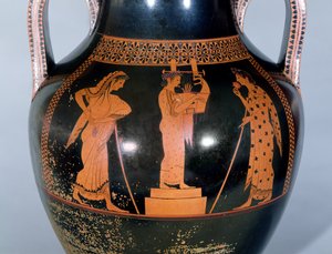 Attic red-figure amphora depicting a citharede performing in a musical competition, c.525-520 BC by Andokides Painter