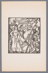 Three Dancing Women and Sailor with Woman (series: Six Woodcuts with Maritime Scenes, Grand Largue)