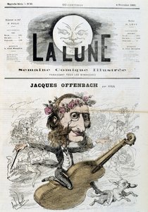 Cartoon by Jacques Offenbach (1819 - 1880), riding a violin - by Gill in 