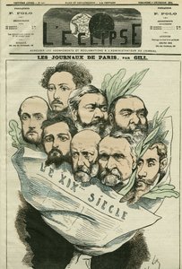 Cartoon of the team of the newspaper Le XIXe siècle, directed by Edmont About (1828-?), a French man of letters. Cover in L